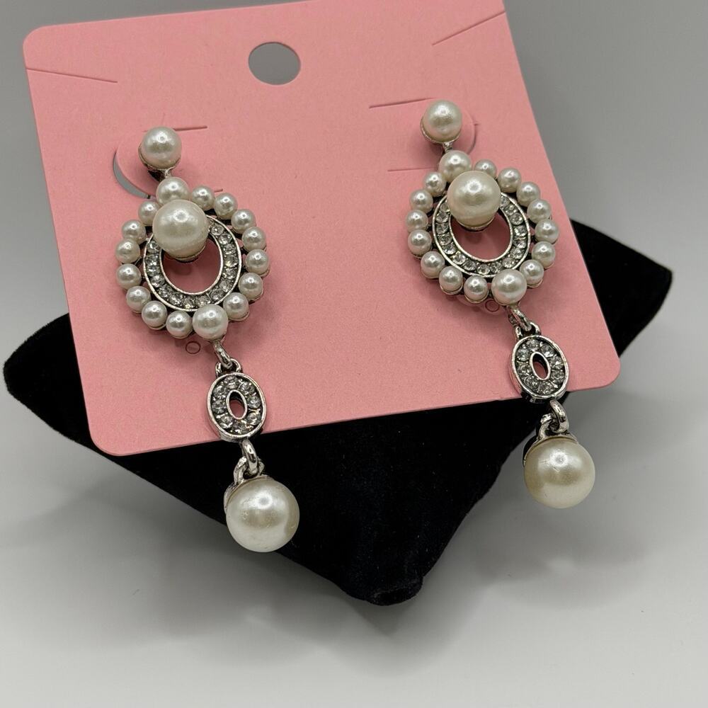 Vintage Pearl Crystal Chandelier Earrings Silver Drop Bridal Statement